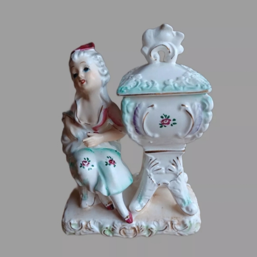 VTG 1950s Hand Painted Figurine with Lid Trinket Box 1800s Style Dress Japanese